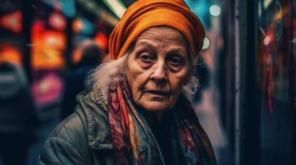 In this image, we see a close-up portrait of an elderly woman wearing a red hat and scarf. The woman has a serene expression on her face, exuding a sense of wisdom and grace. Her red turban and scarf complement her dark clothing, adding a pop of color to the image. The focus is on her face, highlighting her features and character. The colors in the image are primarily earthy tones, with accents of orange and brown. The woman''s age is estimated to be around 70, and she is identified as female. This image captures a moment of quiet beauty and elegance.