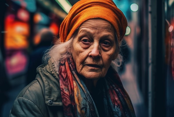 In this image, we see a close-up portrait of an elderly woman wearing a red hat and scarf. The woman has a serene expression on her face, exuding a sense of wisdom and grace. Her red turban and scarf complement her dark clothing, adding a pop of color to the image. The focus is on her face, highlighting her features and character. The colors in the image are primarily earthy tones, with accents of orange and brown. The woman''s age is estimated to be around 70, and she is identified as female. This image captures a moment of quiet beauty and elegance.