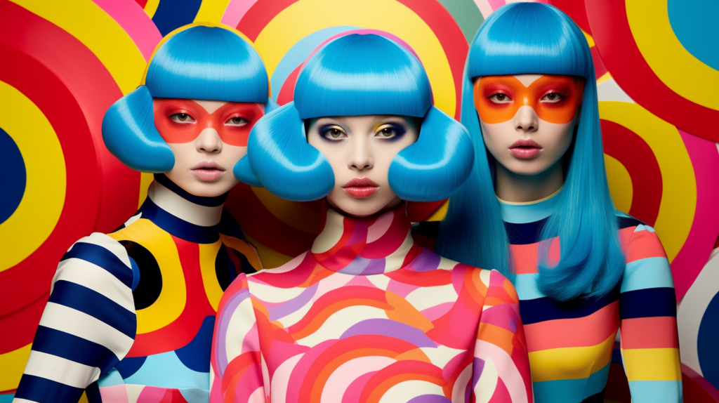 In this vibrant image, we see three young women standing side by side. Each woman has striking blue hair and is wearing bright and colorful makeup. The women exude confidence and individuality with their unique style choices. One woman is wearing a colorful dress, while the others are dressed in equally eye-catching outfits. The women''s expressions are bold and fearless, showcasing their adventurous spirit. The background is simple, allowing the focus to remain on the women and their colorful appearance. This image captures a sense of empowerment and self-expression through fashion and beauty.