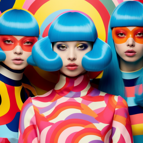 In this vibrant image, we see three young women standing side by side. Each woman has striking blue hair and is wearing bright and colorful makeup. The women exude confidence and individuality with their unique style choices. One woman is wearing a colorful dress, while the others are dressed in equally eye-catching outfits. The women''s expressions are bold and fearless, showcasing their adventurous spirit. The background is simple, allowing the focus to remain on the women and their colorful appearance. This image captures a sense of empowerment and self-expression through fashion and beauty.