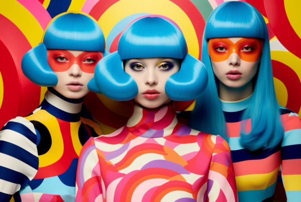 In this vibrant image, we see three young women standing side by side. Each woman has striking blue hair and is wearing bright and colorful makeup. The women exude confidence and individuality with their unique style choices. One woman is wearing a colorful dress, while the others are dressed in equally eye-catching outfits. The women''s expressions are bold and fearless, showcasing their adventurous spirit. The background is simple, allowing the focus to remain on the women and their colorful appearance. This image captures a sense of empowerment and self-expression through fashion and beauty.