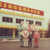 Three large statues of rabbits are standing in front of a store. Each rabbit statue is a stuffed toy, with one located on the left side of the image, another in the middle, and the third on the right side. The rabbits are brown, grey, and beige in color, with accents of pink and green. The statues are quite large, almost life-size, and are placed on the sidewalk outside the store. In the background, there is a window with snow on the ground, indicating a winter setting. The overall scene gives off a whimsical and playful vibe, perfect for a store display during the winter holiday season.