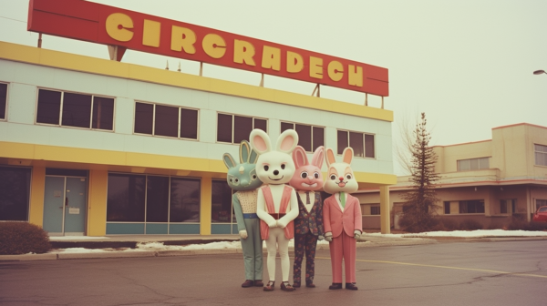Three large statues of rabbits are standing in front of a store. Each rabbit statue is a stuffed toy, with one located on the left side of the image, another in the middle, and the third on the right side. The rabbits are brown, grey, and beige in color, with accents of pink and green. The statues are quite large, almost life-size, and are placed on the sidewalk outside the store. In the background, there is a window with snow on the ground, indicating a winter setting. The overall scene gives off a whimsical and playful vibe, perfect for a store display during the winter holiday season.