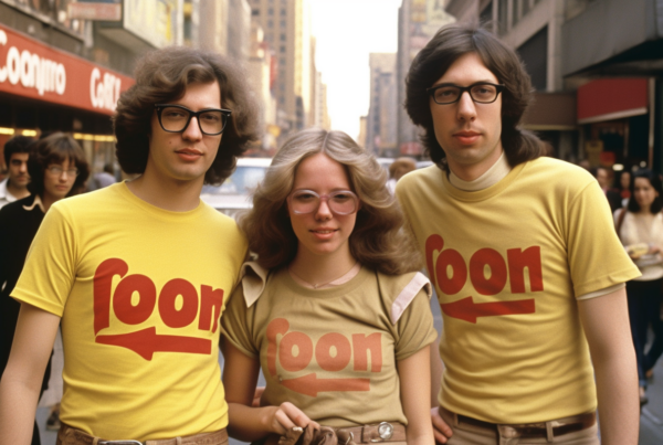 In this image, we see a group of people gathered on a busy city street. They are all wearing bright yellow shirts and brown pants. The individuals in the group vary in age and gender. Some of them are wearing glasses, and one person is carrying a handbag. The people are engaged in different activities, such as standing and walking. The scene captures a casual and vibrant urban atmosphere, with the individuals seemingly enjoying their time together. Overall, the image conveys a sense of community and togetherness among the diverse group of people in their coordinated outfits.