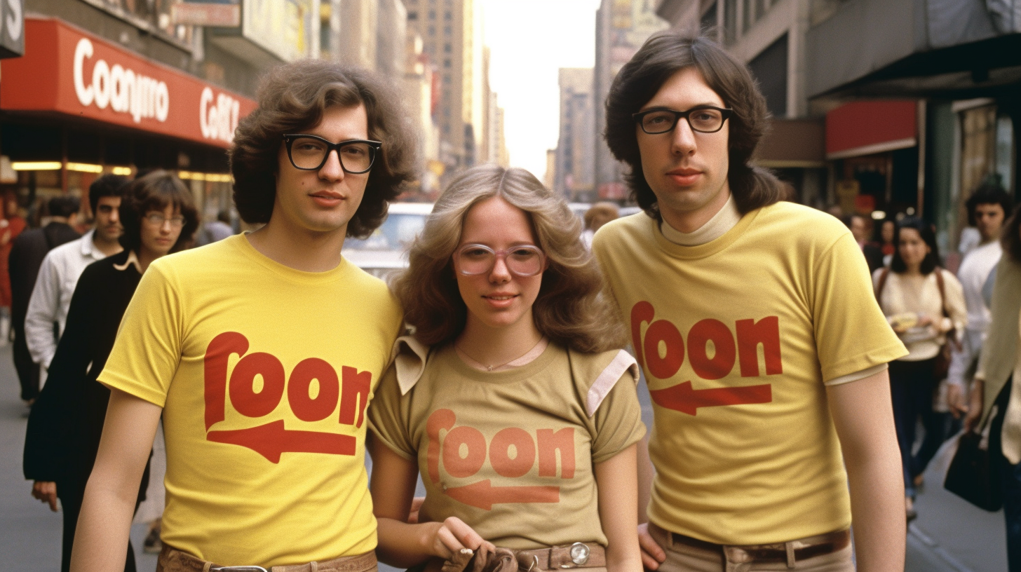 In this image, we see a group of people gathered on a busy city street. They are all wearing bright yellow shirts and brown pants. The individuals in the group vary in age and gender. Some of them are wearing glasses, and one person is carrying a handbag. The people are engaged in different activities, such as standing and walking. The scene captures a casual and vibrant urban atmosphere, with the individuals seemingly enjoying their time together. Overall, the image conveys a sense of community and togetherness among the diverse group of people in their coordinated outfits.