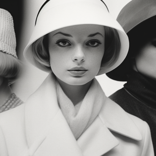 In this black and white photo, three women are captured wearing hats and coats. The women are elegantly dressed, exuding a sense of style and sophistication. One woman is wearing a sun hat, while another is wearing a wide-brimmed hat. They are all posing for the picture, with confident and poised expressions. The women''s attire suggests a formal or stylish occasion. Additionally, one of the women is wearing a necklace, adding a touch of glamour to the ensemble. The image exudes a timeless and classic charm, reminiscent of vintage fashion photographs.