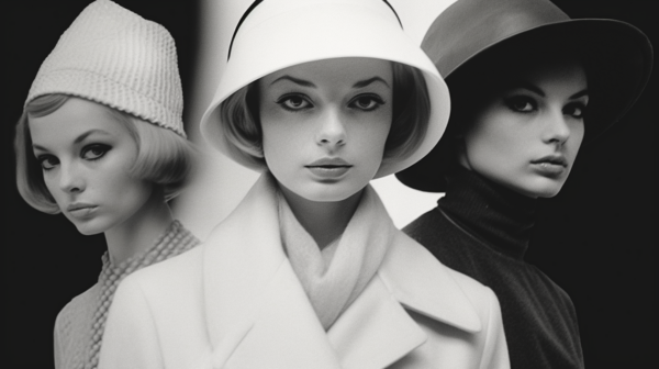 In this black and white photo, three women are captured wearing hats and coats. The women are elegantly dressed, exuding a sense of style and sophistication. One woman is wearing a sun hat, while another is wearing a wide-brimmed hat. They are all posing for the picture, with confident and poised expressions. The women''s attire suggests a formal or stylish occasion. Additionally, one of the women is wearing a necklace, adding a touch of glamour to the ensemble. The image exudes a timeless and classic charm, reminiscent of vintage fashion photographs.