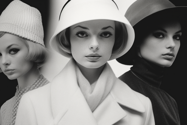 In this black and white photo, three women are captured wearing hats and coats. The women are elegantly dressed, exuding a sense of style and sophistication. One woman is wearing a sun hat, while another is wearing a wide-brimmed hat. They are all posing for the picture, with confident and poised expressions. The women''s attire suggests a formal or stylish occasion. Additionally, one of the women is wearing a necklace, adding a touch of glamour to the ensemble. The image exudes a timeless and classic charm, reminiscent of vintage fashion photographs.