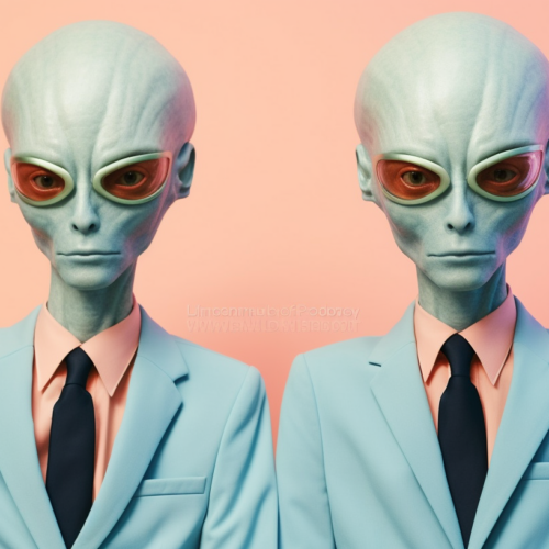 In this image, we see two alien-like men dressed in suits and ties, both with striking red eyes. The men have a humanoid appearance but with distinct features that set them apart as extraterrestrial beings. One of the men is wearing a pair of glasses with a red tint, adding to their mysterious aura. The men are standing against a pink background, emphasizing their unusual and otherworldly nature. Overall, the image presents a surreal and intriguing scene of two beings that appear to be from another world, adding a sense of mystery and intrigue to the viewer.
