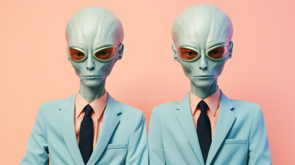 In this image, we see two alien-like men dressed in suits and ties, both with striking red eyes. The men have a humanoid appearance but with distinct features that set them apart as extraterrestrial beings. One of the men is wearing a pair of glasses with a red tint, adding to their mysterious aura. The men are standing against a pink background, emphasizing their unusual and otherworldly nature. Overall, the image presents a surreal and intriguing scene of two beings that appear to be from another world, adding a sense of mystery and intrigue to the viewer.