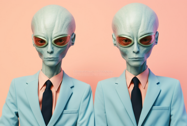 In this image, we see two alien-like men dressed in suits and ties, both with striking red eyes. The men have a humanoid appearance but with distinct features that set them apart as extraterrestrial beings. One of the men is wearing a pair of glasses with a red tint, adding to their mysterious aura. The men are standing against a pink background, emphasizing their unusual and otherworldly nature. Overall, the image presents a surreal and intriguing scene of two beings that appear to be from another world, adding a sense of mystery and intrigue to the viewer.
