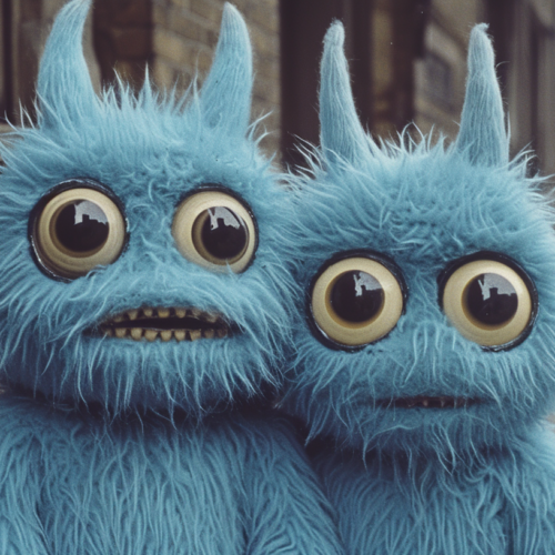 In this image, we see two adorable blue furry monsters with googly eyes. The monsters have fluffy fur in shades of blue, with big expressive eyes that move around. They have a playful and whimsical appearance that is sure to bring a smile to anyone''s face. The monsters are standing next to each other against a textured brick wall background. One of the monsters has a black nose, adding to its charm. The creatures have toothy grins and look like they are ready to play. Overall, this image captures a fun and imaginative scene with these lovable monsters.