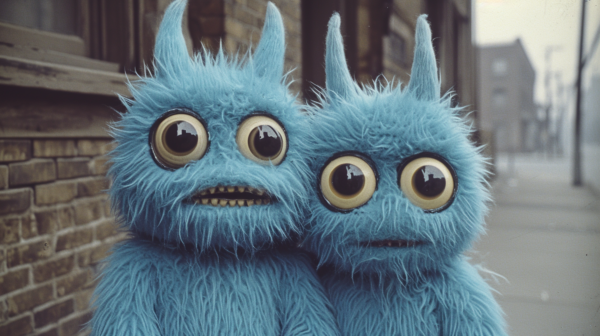 In this image, we see two adorable blue furry monsters with googly eyes. The monsters have fluffy fur in shades of blue, with big expressive eyes that move around. They have a playful and whimsical appearance that is sure to bring a smile to anyone''s face. The monsters are standing next to each other against a textured brick wall background. One of the monsters has a black nose, adding to its charm. The creatures have toothy grins and look like they are ready to play. Overall, this image captures a fun and imaginative scene with these lovable monsters.