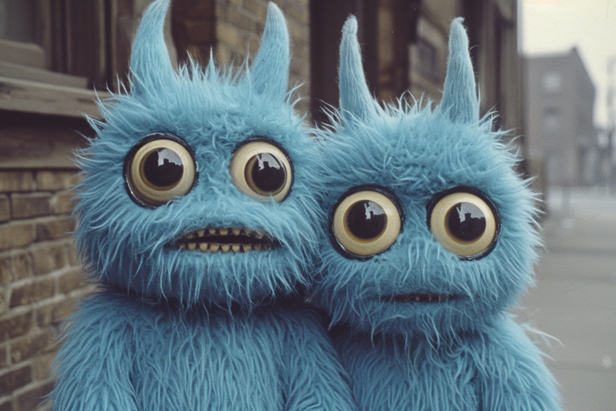 In this image, we see two adorable blue furry monsters with googly eyes. The monsters have fluffy fur in shades of blue, with big expressive eyes that move around. They have a playful and whimsical appearance that is sure to bring a smile to anyone''s face. The monsters are standing next to each other against a textured brick wall background. One of the monsters has a black nose, adding to its charm. The creatures have toothy grins and look like they are ready to play. Overall, this image captures a fun and imaginative scene with these lovable monsters.