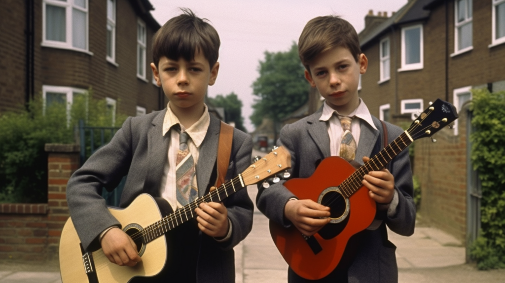 Two young boys, around 7 and 9 years old, are dressed in suits and ties, standing in front of a house. Both boys are holding guitars, one with a brown guitar and the other with a black guitar. The younger boy has short brown hair and is on the left side, while the older boy with longer hair is on the right. The house behind them has a window, and the scene seems to be in a residential area. The boys look confident and focused as they hold their guitars, ready to play music together.