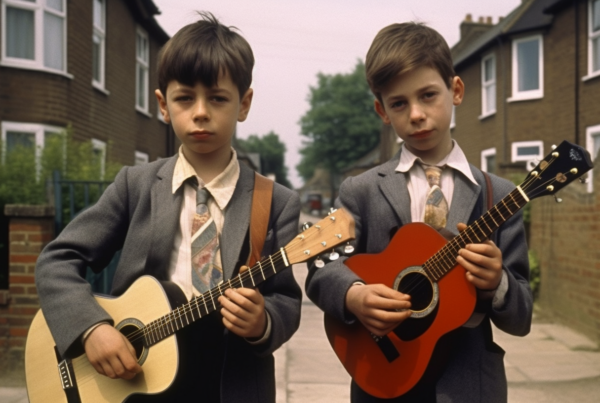 Two young boys, around 7 and 9 years old, are dressed in suits and ties, standing in front of a house. Both boys are holding guitars, one with a brown guitar and the other with a black guitar. The younger boy has short brown hair and is on the left side, while the older boy with longer hair is on the right. The house behind them has a window, and the scene seems to be in a residential area. The boys look confident and focused as they hold their guitars, ready to play music together.