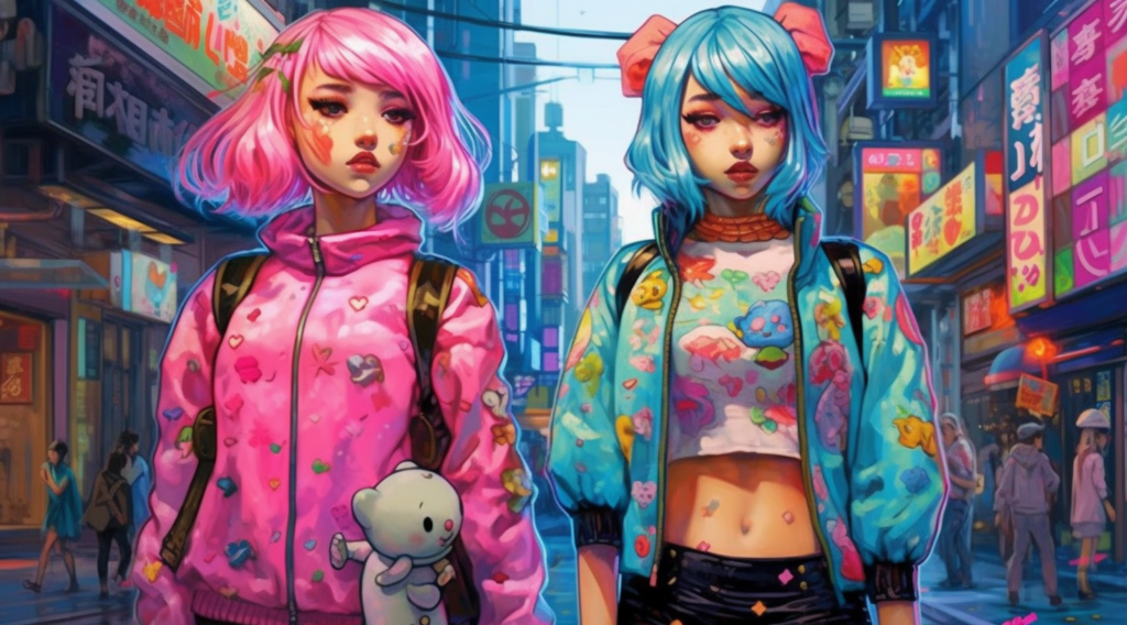 In this image, there are two anime girls walking down a street. One of the girls has pink hair and is wearing a pink jacket, and she is holding a teddy bear. The other girl has blue hair and is wearing a pink bow. The background shows a city street with various people and objects, including a man and a woman walking together. The girls are walking past buildings and shops, and there are colorful murals on the walls. The overall scene is vibrant and lively, with a mix of urban elements and anime-inspired characters.