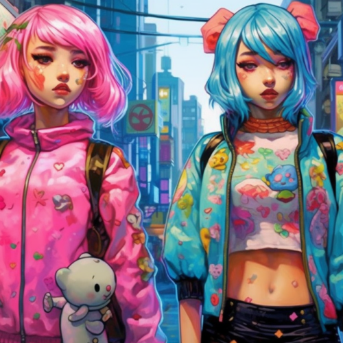 In this image, there are two anime girls walking down a street. One of the girls has pink hair and is wearing a pink jacket, and she is holding a teddy bear. The other girl has blue hair and is wearing a pink bow. The background shows a city street with various people and objects, including a man and a woman walking together. The girls are walking past buildings and shops, and there are colorful murals on the walls. The overall scene is vibrant and lively, with a mix of urban elements and anime-inspired characters.