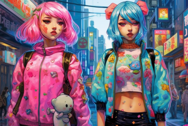 In this image, there are two anime girls walking down a street. One of the girls has pink hair and is wearing a pink jacket, and she is holding a teddy bear. The other girl has blue hair and is wearing a pink bow. The background shows a city street with various people and objects, including a man and a woman walking together. The girls are walking past buildings and shops, and there are colorful murals on the walls. The overall scene is vibrant and lively, with a mix of urban elements and anime-inspired characters.