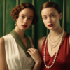 In this image, two women are elegantly posing for a picture. The woman on the left is wearing a stunning red dress with pearls and a necklace, exuding a classic and sophisticated look. Her companion on the right is dressed in a beautiful white dress, also adorned with pearls. Both women are accessorized with pearls and necklaces, adding a touch of glamour to their outfits. The women appear confident and stylish, standing gracefully for the camera. The setting suggests a formal event or special occasion, capturing a moment of timeless elegance and grace.