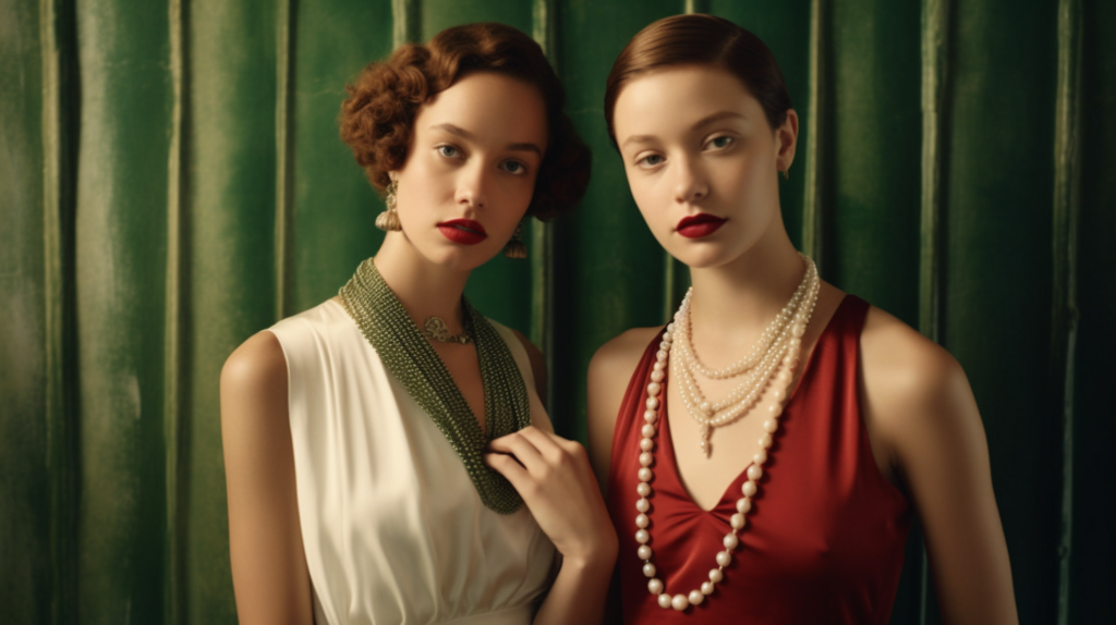 In this image, two women are elegantly posing for a picture. The woman on the left is wearing a stunning red dress with pearls and a necklace, exuding a classic and sophisticated look. Her companion on the right is dressed in a beautiful white dress, also adorned with pearls. Both women are accessorized with pearls and necklaces, adding a touch of glamour to their outfits. The women appear confident and stylish, standing gracefully for the camera. The setting suggests a formal event or special occasion, capturing a moment of timeless elegance and grace.