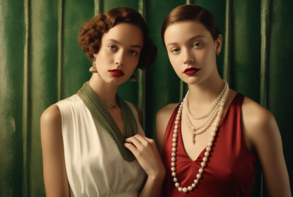 In this image, two women are elegantly posing for a picture. The woman on the left is wearing a stunning red dress with pearls and a necklace, exuding a classic and sophisticated look. Her companion on the right is dressed in a beautiful white dress, also adorned with pearls. Both women are accessorized with pearls and necklaces, adding a touch of glamour to their outfits. The women appear confident and stylish, standing gracefully for the camera. The setting suggests a formal event or special occasion, capturing a moment of timeless elegance and grace.