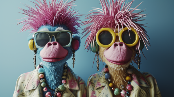 In the image, there are two monkeys standing side by side. Both monkeys are wearing sunglasses, giving them a cool and trendy look. One of the monkeys also has a unique pink mohawk hairstyle, adding a playful and quirky touch to their appearance. Additionally, one of the monkeys is wearing a necklace made of beads and chains. The background is simple, allowing the focus to remain on the stylish monkeys. The colors in the image are mostly neutral tones with accents of dark blue and pink. The overall vibe of the image is fun and fashionable, perfect for a playful and modern caption dataset.