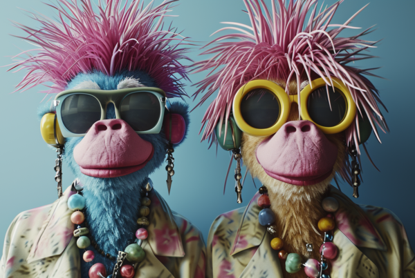 In the image, there are two monkeys standing side by side. Both monkeys are wearing sunglasses, giving them a cool and trendy look. One of the monkeys also has a unique pink mohawk hairstyle, adding a playful and quirky touch to their appearance. Additionally, one of the monkeys is wearing a necklace made of beads and chains. The background is simple, allowing the focus to remain on the stylish monkeys. The colors in the image are mostly neutral tones with accents of dark blue and pink. The overall vibe of the image is fun and fashionable, perfect for a playful and modern caption dataset.