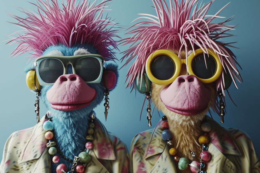 In the image, there are two monkeys standing side by side. Both monkeys are wearing sunglasses, giving them a cool and trendy look. One of the monkeys also has a unique pink mohawk hairstyle, adding a playful and quirky touch to their appearance. Additionally, one of the monkeys is wearing a necklace made of beads and chains. The background is simple, allowing the focus to remain on the stylish monkeys. The colors in the image are mostly neutral tones with accents of dark blue and pink. The overall vibe of the image is fun and fashionable, perfect for a playful and modern caption dataset.