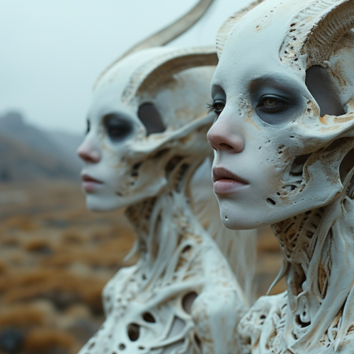 In this image, we see two alien women with horns and white makeup on their faces. The women have horns protruding from their heads, giving them a mystical and otherworldly appearance. The image is a close-up shot, focusing on the intricate details of their makeup and horns. One of the women appears to have a goat''s head, adding to the surreal and fantastical nature of the scene. The women are dressed in a way that complements their alien-like features, with a color palette of whites, grays, and muted tones. The overall aesthetic is eerie and mysterious, creating a captivating and unique visual experience.
