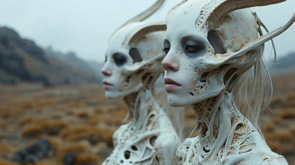 In this image, we see two alien women with horns and white makeup on their faces. The women have horns protruding from their heads, giving them a mystical and otherworldly appearance. The image is a close-up shot, focusing on the intricate details of their makeup and horns. One of the women appears to have a goat''s head, adding to the surreal and fantastical nature of the scene. The women are dressed in a way that complements their alien-like features, with a color palette of whites, grays, and muted tones. The overall aesthetic is eerie and mysterious, creating a captivating and unique visual experience.