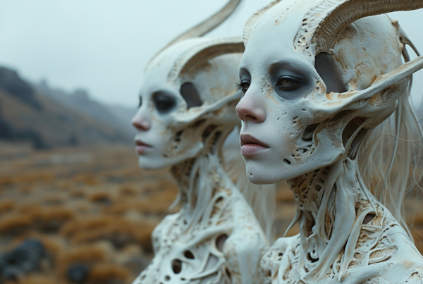 In this image, we see two alien women with horns and white makeup on their faces. The women have horns protruding from their heads, giving them a mystical and otherworldly appearance. The image is a close-up shot, focusing on the intricate details of their makeup and horns. One of the women appears to have a goat''s head, adding to the surreal and fantastical nature of the scene. The women are dressed in a way that complements their alien-like features, with a color palette of whites, grays, and muted tones. The overall aesthetic is eerie and mysterious, creating a captivating and unique visual experience.