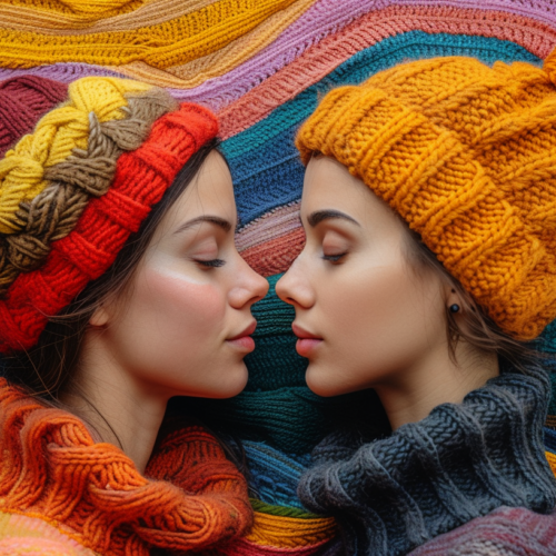 In this image, two women are depicted wearing cozy knit hats and scarves. The women appear to be outdoors, bundled up in warm winter accessories. One of the women is wearing a knit hat with a pattern in shades of blue, while the other woman is wearing a red knit hat with a matching scarf. Additionally, one of the women is accessorized with a necklace. The image focuses on the women''s upper bodies, showcasing their winter attire. The women are facing each other closely, creating a sense of intimacy and connection. The background features a blanket with a line pattern. The colors in the image include shades of blue, red, and brown, adding to the cozy winter vibe.