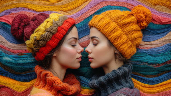 In this image, two women are depicted wearing cozy knit hats and scarves. The women appear to be outdoors, bundled up in warm winter accessories. One of the women is wearing a knit hat with a pattern in shades of blue, while the other woman is wearing a red knit hat with a matching scarf. Additionally, one of the women is accessorized with a necklace. The image focuses on the women''s upper bodies, showcasing their winter attire. The women are facing each other closely, creating a sense of intimacy and connection. The background features a blanket with a line pattern. The colors in the image include shades of blue, red, and brown, adding to the cozy winter vibe.