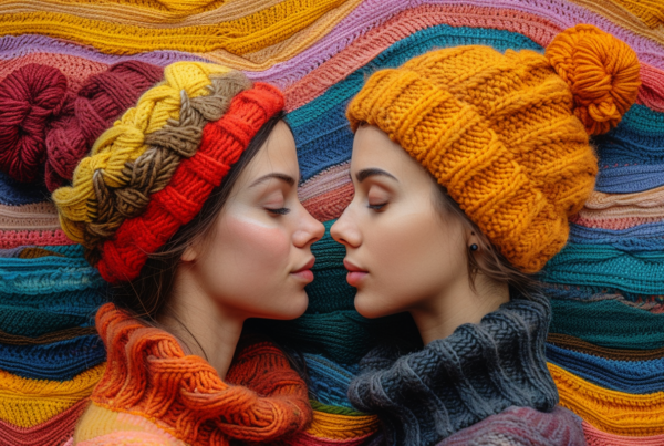 In this image, two women are depicted wearing cozy knit hats and scarves. The women appear to be outdoors, bundled up in warm winter accessories. One of the women is wearing a knit hat with a pattern in shades of blue, while the other woman is wearing a red knit hat with a matching scarf. Additionally, one of the women is accessorized with a necklace. The image focuses on the women''s upper bodies, showcasing their winter attire. The women are facing each other closely, creating a sense of intimacy and connection. The background features a blanket with a line pattern. The colors in the image include shades of blue, red, and brown, adding to the cozy winter vibe.