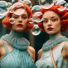 In this image, we see two women with striking red hair and wearing elegant blue dresses. They are standing in front of a background filled with bubbles, creating a whimsical and dreamy atmosphere. One woman is wearing glasses with clear frames, adding a unique touch to her look. The women exude confidence and grace as they pose for the camera. Both have captivating expressions on their faces, showcasing their individual personalities. The colors in the image are a mix of earthy tones and cool blues, creating a harmonious visual composition.