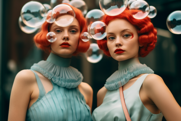In this image, we see two women with striking red hair and wearing elegant blue dresses. They are standing in front of a background filled with bubbles, creating a whimsical and dreamy atmosphere. One woman is wearing glasses with clear frames, adding a unique touch to her look. The women exude confidence and grace as they pose for the camera. Both have captivating expressions on their faces, showcasing their individual personalities. The colors in the image are a mix of earthy tones and cool blues, creating a harmonious visual composition.