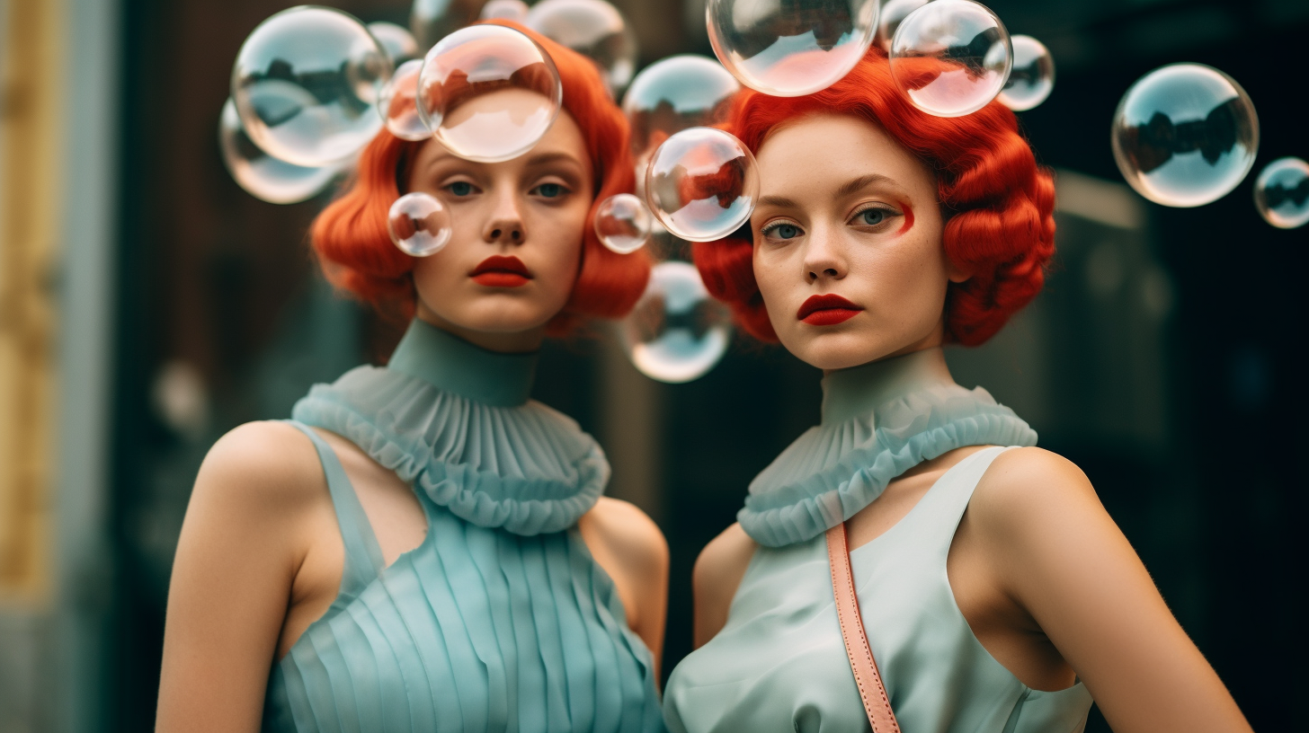 In this image, we see two women with striking red hair and wearing elegant blue dresses. They are standing in front of a background filled with bubbles, creating a whimsical and dreamy atmosphere. One woman is wearing glasses with clear frames, adding a unique touch to her look. The women exude confidence and grace as they pose for the camera. Both have captivating expressions on their faces, showcasing their individual personalities. The colors in the image are a mix of earthy tones and cool blues, creating a harmonious visual composition.