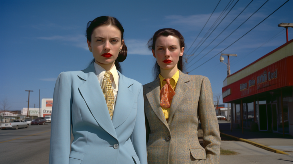 Two women in business attire are standing on a street corner. The first woman is wearing a dark suit and a tie, while the second woman is wearing a light-colored suit. Both women appear confident and professional. In the background, there are several cars parked along the street. The women are facing each other, engaged in a conversation. One of the women is holding a briefcase. The scene is set during the day, with street lights visible in the background. The women are in the center of the image, commanding attention with their poised demeanor.