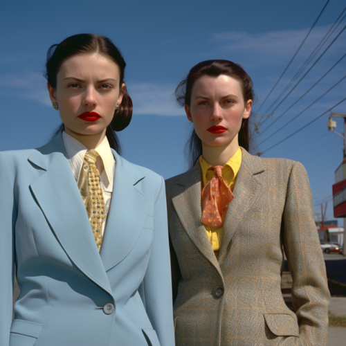 Two women in business attire are standing on a street corner. The first woman is wearing a dark suit and a tie, while the second woman is wearing a light-colored suit. Both women appear confident and professional. In the background, there are several cars parked along the street. The women are facing each other, engaged in a conversation. One of the women is holding a briefcase. The scene is set during the day, with street lights visible in the background. The women are in the center of the image, commanding attention with their poised demeanor.