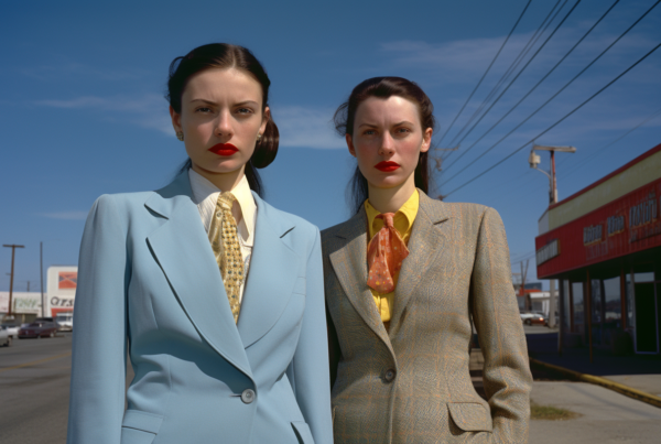 Two women in business attire are standing on a street corner. The first woman is wearing a dark suit and a tie, while the second woman is wearing a light-colored suit. Both women appear confident and professional. In the background, there are several cars parked along the street. The women are facing each other, engaged in a conversation. One of the women is holding a briefcase. The scene is set during the day, with street lights visible in the background. The women are in the center of the image, commanding attention with their poised demeanor.