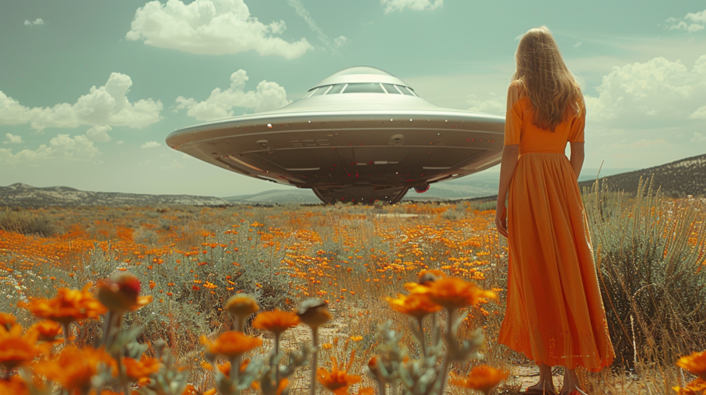 A woman in a long, flowing dress stands gracefully in a field of vibrant orange flowers. The scene is peaceful and serene, with the sun casting a warm glow over the meadow. In the background, a wild bird can be seen perched on a branch, adding to the natural beauty of the setting. The woman''s dress matches the flowers, creating a harmonious and picturesque image. The colors of the flowers range from deep oranges to soft yellows, creating a stunning contrast against the lush greenery of the field. The overall atmosphere is one of tranquility and natural splendor.