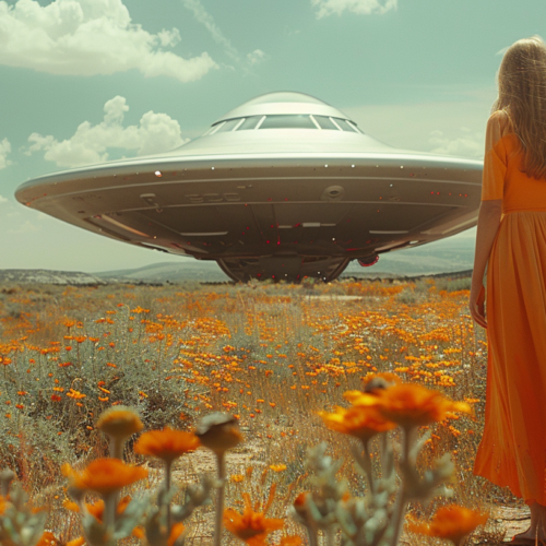 A woman in a long, flowing dress stands gracefully in a field of vibrant orange flowers. The scene is peaceful and serene, with the sun casting a warm glow over the meadow. In the background, a wild bird can be seen perched on a branch, adding to the natural beauty of the setting. The woman''s dress matches the flowers, creating a harmonious and picturesque image. The colors of the flowers range from deep oranges to soft yellows, creating a stunning contrast against the lush greenery of the field. The overall atmosphere is one of tranquility and natural splendor.