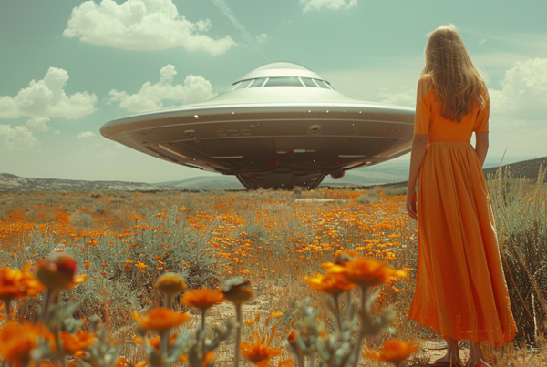 A woman in a long, flowing dress stands gracefully in a field of vibrant orange flowers. The scene is peaceful and serene, with the sun casting a warm glow over the meadow. In the background, a wild bird can be seen perched on a branch, adding to the natural beauty of the setting. The woman''s dress matches the flowers, creating a harmonious and picturesque image. The colors of the flowers range from deep oranges to soft yellows, creating a stunning contrast against the lush greenery of the field. The overall atmosphere is one of tranquility and natural splendor.