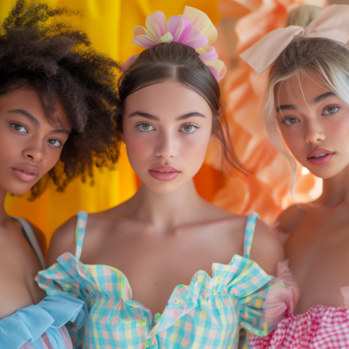 In this vibrant image, we see three women standing together in colorful dresses, posing for a picture. The women are stylishly dressed, with one wearing a blue dress, another in a yellow dress, and the third in a pink and blue dress. They are all confidently standing and posing for the camera. One of the women is holding a bright orange umbrella in the background, adding a fun pop of color to the scene. The women have different colored hair, with one woman even having a flower in her hair. The setting appears to be a cheerful and fashionable gathering, perfect for a photo shoot