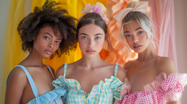 In this vibrant image, we see three women standing together in colorful dresses, posing for a picture. The women are stylishly dressed, with one wearing a blue dress, another in a yellow dress, and the third in a pink and blue dress. They are all confidently standing and posing for the camera. One of the women is holding a bright orange umbrella in the background, adding a fun pop of color to the scene. The women have different colored hair, with one woman even having a flower in her hair. The setting appears to be a cheerful and fashionable gathering, perfect for a photo shoot