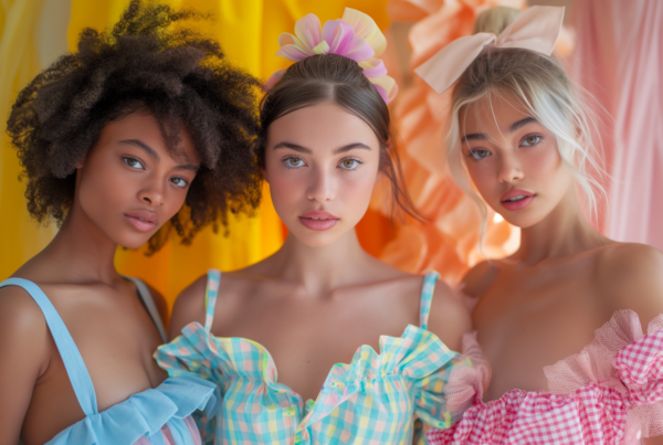 In this vibrant image, we see three women standing together in colorful dresses, posing for a picture. The women are stylishly dressed, with one wearing a blue dress, another in a yellow dress, and the third in a pink and blue dress. They are all confidently standing and posing for the camera. One of the women is holding a bright orange umbrella in the background, adding a fun pop of color to the scene. The women have different colored hair, with one woman even having a flower in her hair. The setting appears to be a cheerful and fashionable gathering, perfect for a photo shoot