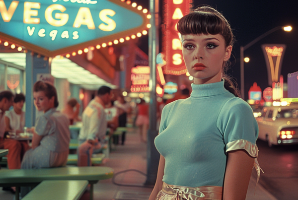 A stylish woman is captured in this image, wearing a vibrant blue dress that stands out against the neon sign behind her. She is standing confidently, with a slight smile on her face. The night scene is illuminated by street lights, creating a dark yet captivating atmosphere. The woman''s outfit includes a blue top and gold skirt, adding a touch of elegance to her look. In the background, a couple of people can be seen sitting at a table in a restaurant. The overall color palette includes shades of blue, gold, and neon, contributing to the dynamic and fashionable vibe of the scene.