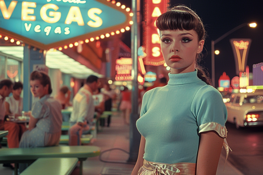 A stylish woman is captured in this image, wearing a vibrant blue dress that stands out against the neon sign behind her. She is standing confidently, with a slight smile on her face. The night scene is illuminated by street lights, creating a dark yet captivating atmosphere. The woman''s outfit includes a blue top and gold skirt, adding a touch of elegance to her look. In the background, a couple of people can be seen sitting at a table in a restaurant. The overall color palette includes shades of blue, gold, and neon, contributing to the dynamic and fashionable vibe of the scene.