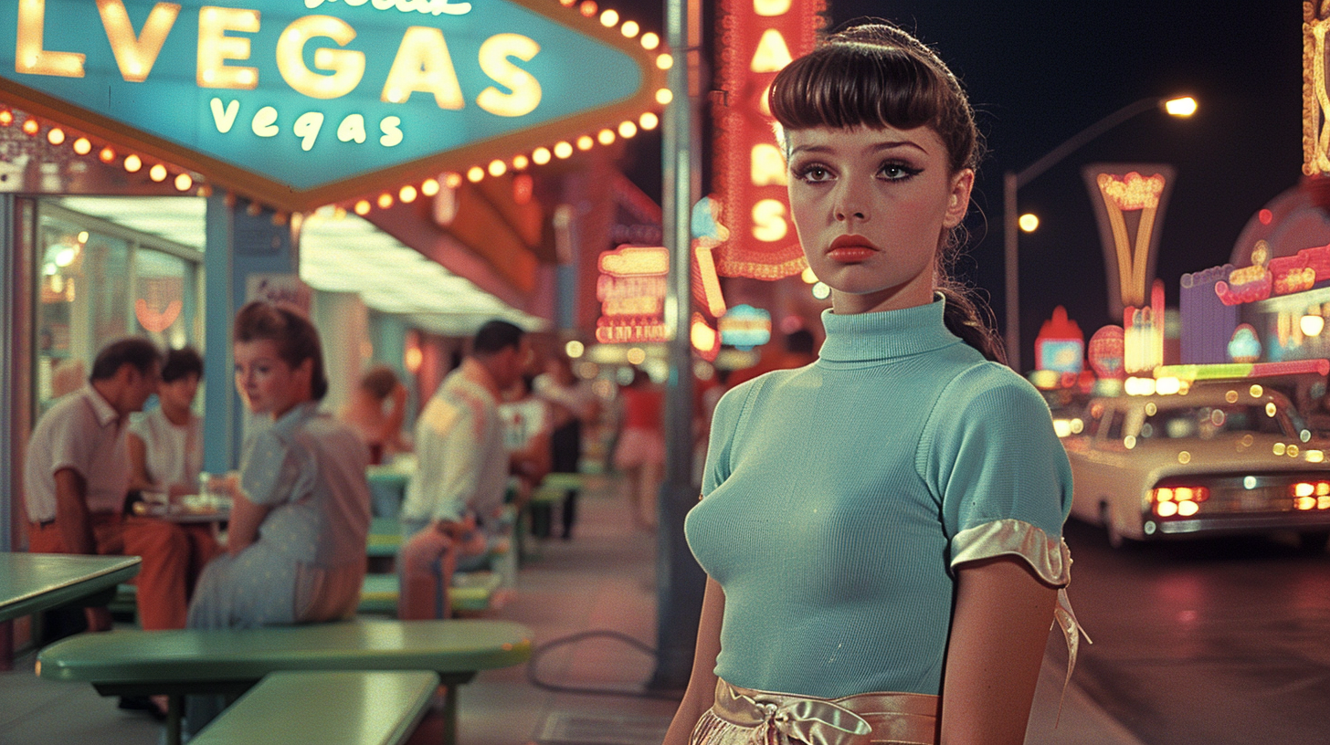 A stylish woman is captured in this image, wearing a vibrant blue dress that stands out against the neon sign behind her. She is standing confidently, with a slight smile on her face. The night scene is illuminated by street lights, creating a dark yet captivating atmosphere. The woman''s outfit includes a blue top and gold skirt, adding a touch of elegance to her look. In the background, a couple of people can be seen sitting at a table in a restaurant. The overall color palette includes shades of blue, gold, and neon, contributing to the dynamic and fashionable vibe of the scene.